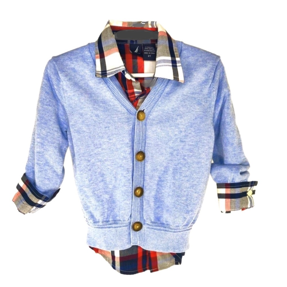 Nautica Plaid Shirt & Gap Blue Cardigan Sweater 2T